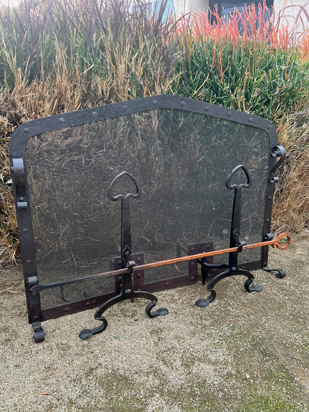 Spanish Revival Fire Screen, Andirons and Poker A3232