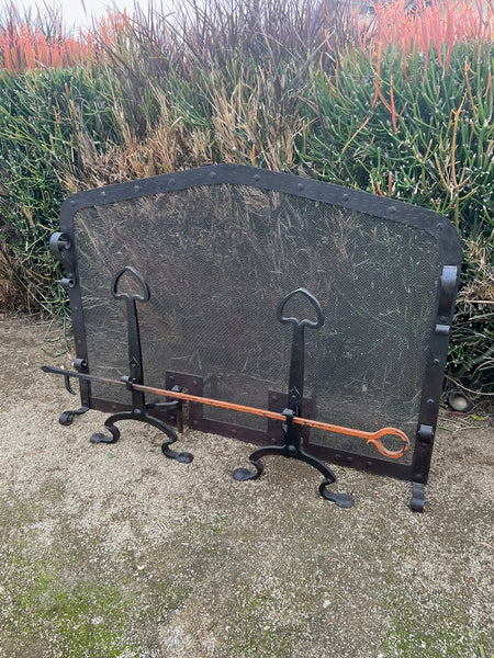 Spanish Revival Fire Screen, Andirons and Poker A3232