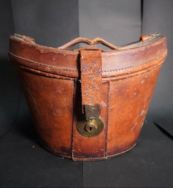 Locke & Co Hatters - Antique Leather Hat Box w Beaver Top Hat Late 19th-Early 20th Century A3236