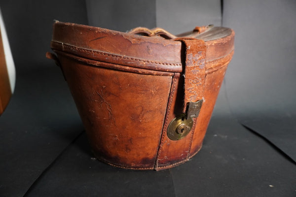 Locke & Co Hatters - Antique Leather Hat Box w Beaver Top Hat Late 19th-Early 20th Century A3236