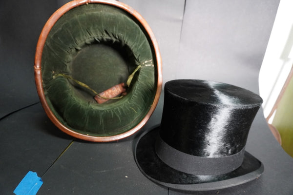 19th Century English Leather Hat Box w Silk Hat A3237