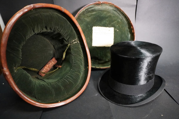 19th Century English Leather Hat Box w Silk Hat A3237