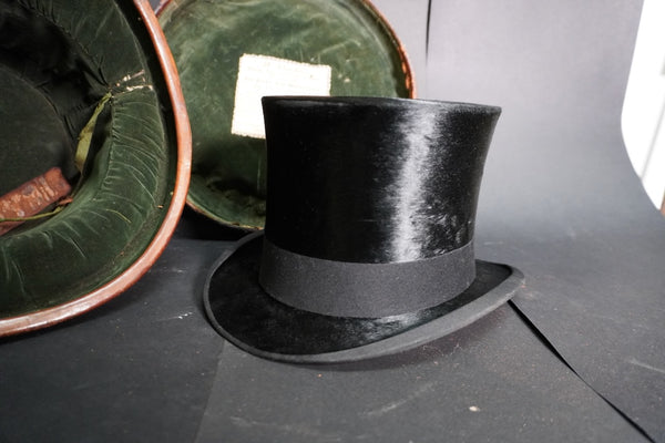 19th Century English Leather Hat Box w Silk Hat A3237