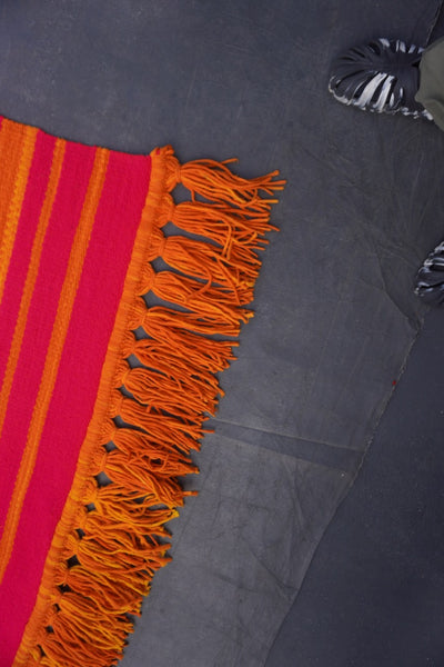 Vintage Guatemalan 1960s Pop-Art Rug with Orange Fringe A3456