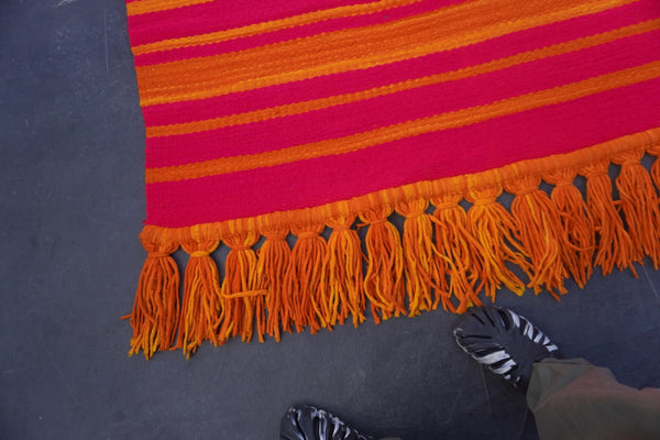 Vintage Guatemalan 1960s Pop-Art Rug with Orange Fringe A3456