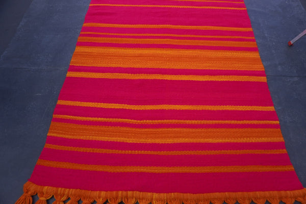 Vintage Guatemalan 1960s Pop-Art Rug with Orange Fringe A3456