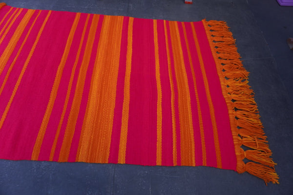 Vintage Guatemalan 1960s Pop-Art Rug with Orange Fringe A3456