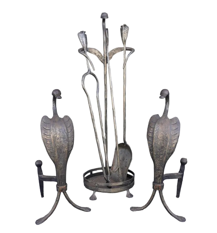 Original Cahill Iron Works Waterfowl Fireplace Andirons and Tool Set A3469