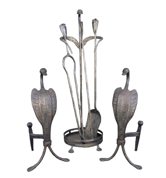 Original Cahill Iron Works Waterfowl Fireplace Andirons and Tool Set A3469