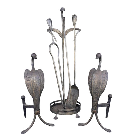 Original Cahill Iron Works Waterfowl Fireplace Andirons and Tool Set A3469