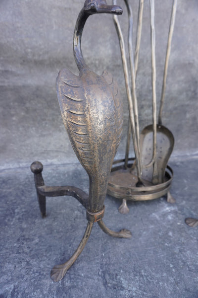 Original Cahill Iron Works Waterfowl Fireplace Andirons and Tool Set A3469