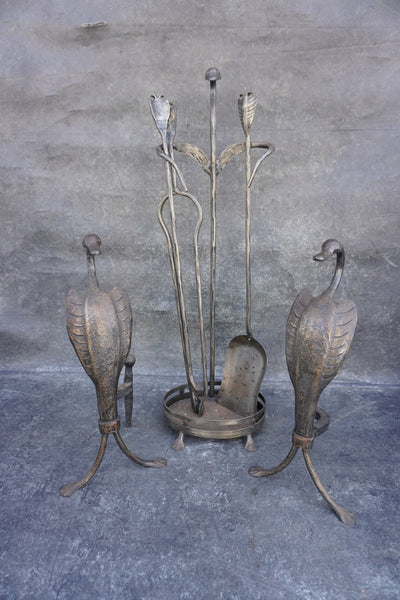 Original Cahill Iron Works Waterfowl Fireplace Andirons and Tool Set A3469