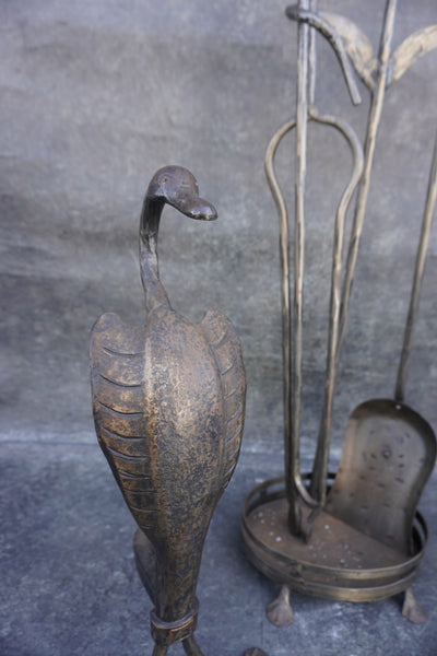 Original Cahill Iron Works Waterfowl Fireplace Andirons and Tool Set A3469