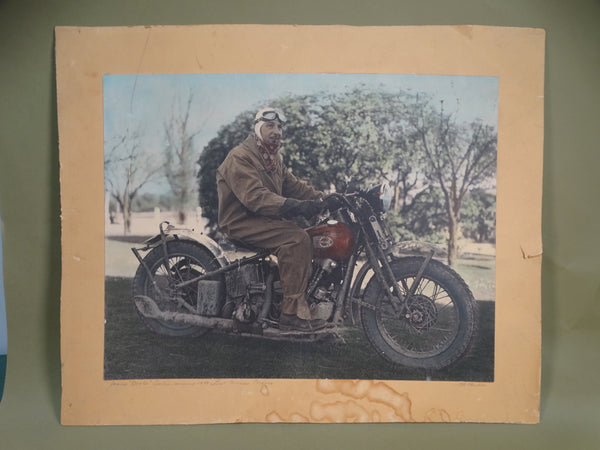 Winning Motorcyclist  1920s Tinted Photo Mounted on Paper AP1744