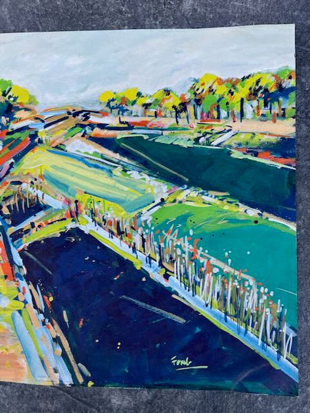 Mid-Century River and Canals - Landscape Acrylic on Paper - Signed Fong c1965 AP1761
