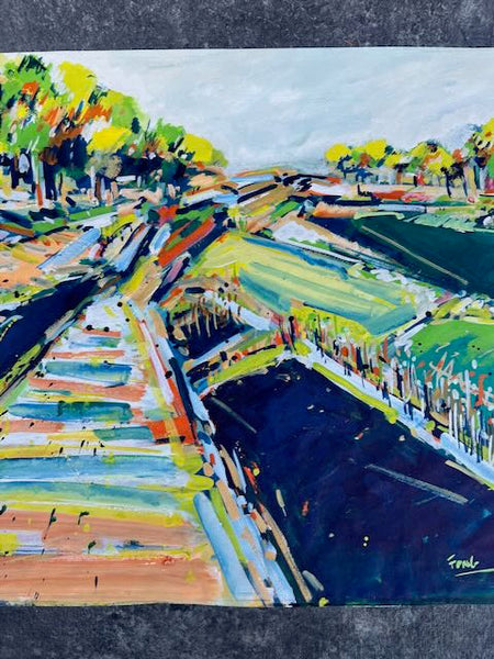 Mid-Century River and Canals - Landscape Acrylic on Paper - Signed Fong c1965 AP1761
