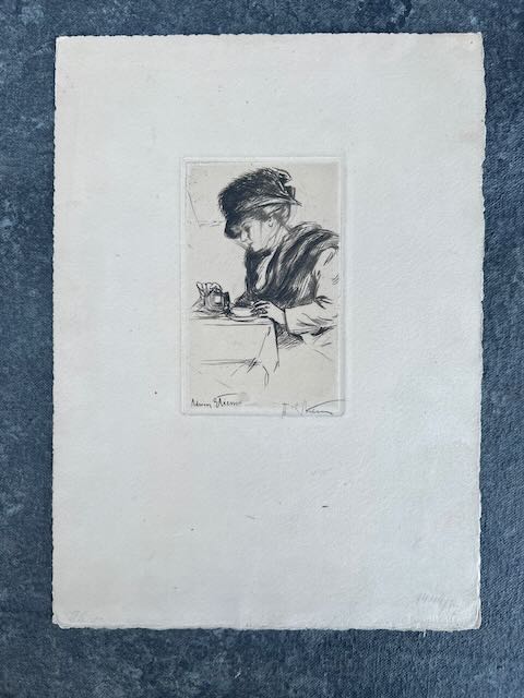Adrien Étienne aka Drian - Etching - Lady in a Hat Taking Tea at a Café  circa 1910 AP1765