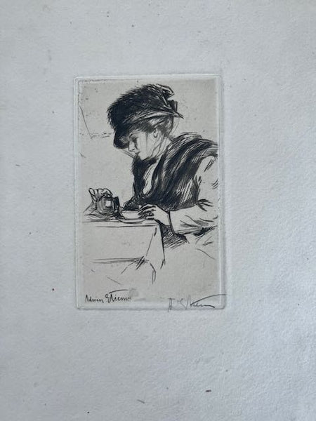 Adrien Étienne aka Drian - Etching - Lady in a Hat Taking Tea at a Café  circa 1910 AP1765