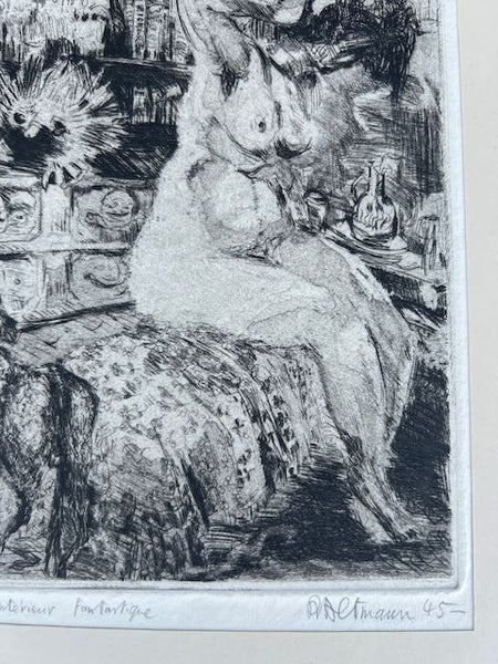 Alexandre Altmann -Seated Nude in Phantasmagorical Room: Intérieur Fantasque - Etching 1945  AP1766