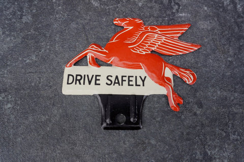 Mobil Oil Drive Safely Tin Litho License Plate Topper AP1803