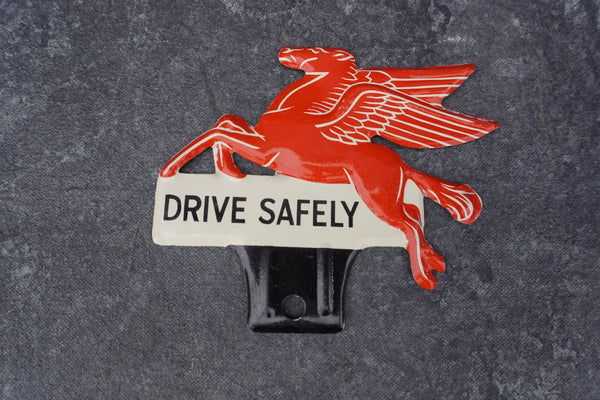 Mobil Oil Drive Safely Tin Litho License Plate Topper AP1803