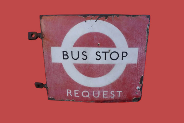 London Transport Bus Stop Request Sign with Flange, Double-sided Porcelain Enamel 1940s-50s AP1862