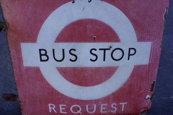 London Transport Bus Stop Request Sign with Flange, Double-sided Porcelain Enamel 1940s-50s AP1862