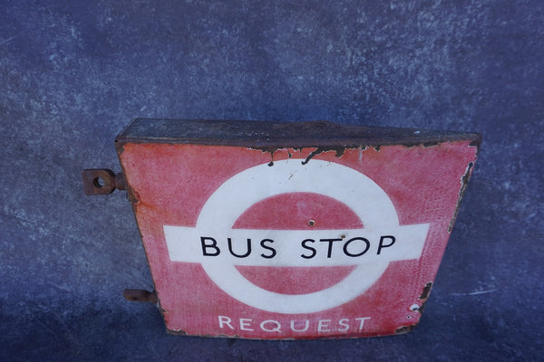 London Transport Bus Stop Request Sign with Flange, Double-sided Porcelain Enamel 1940s-50s AP1862