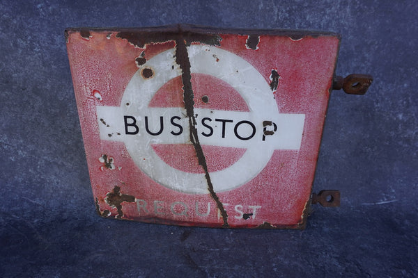 London Transport Bus Stop Request Sign with Flange, Double-sided Porcelain Enamel 1940s-50s AP1862