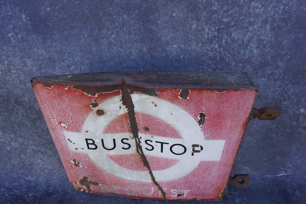 London Transport Bus Stop Request Sign with Flange, Double-sided Porcelain Enamel 1940s-50s AP1862