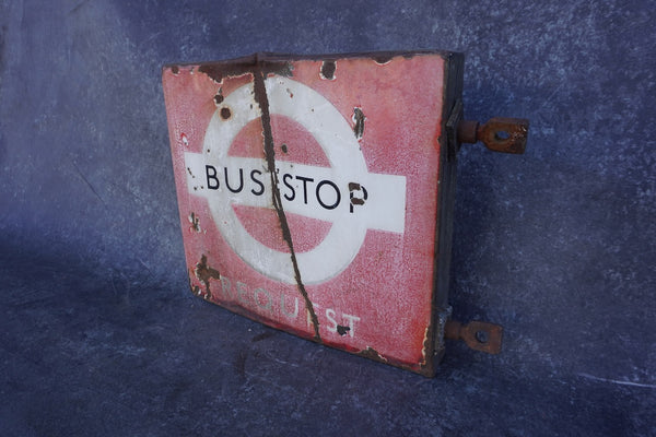 London Transport Bus Stop Request Sign with Flange, Double-sided Porcelain Enamel 1940s-50s AP1862