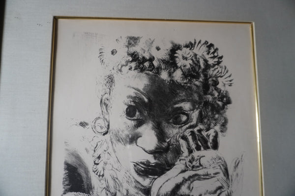 Edy-Legrand - Woman with Dove, Flowers in Her Hair - Lithograph c 1930s AP1902