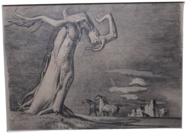 Millard Sheets - Twisted Tree, Horses, Rocks - Pencil Surrealist Sketch 1930s AP1991