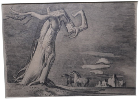 Millard Sheets - Twisted Tree, Horses, Rocks - Pencil Surrealist Sketch 1930s AP1991