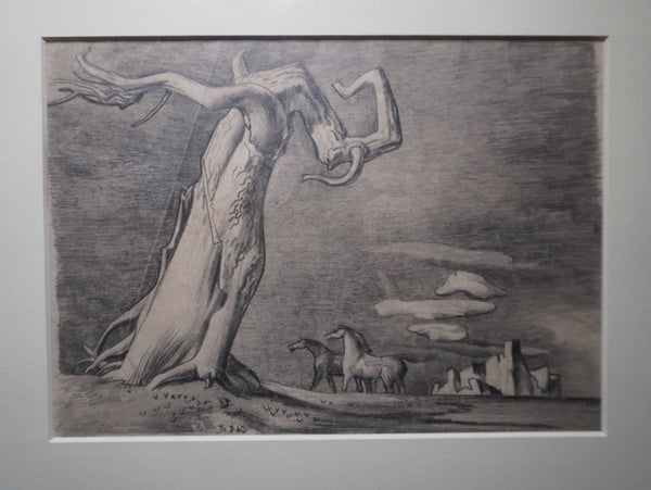 Millard Sheets - Twisted Tree, Horses, Rocks - Pencil Surrealist Sketch 1930s AP1991