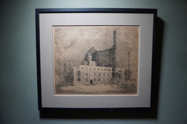 Loren Barton, Etching of Los Angeles City Hall Construction c.1920s AP1997
