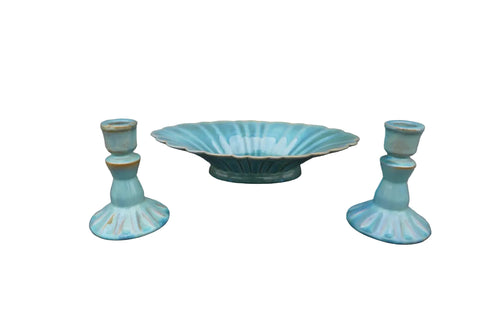 Catalina Island Pottery Set, Scalloped Bowl and Pair of Candlesticks CA2643