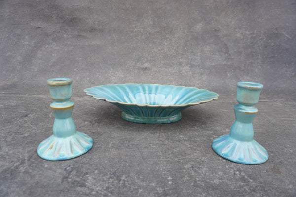 Catalina Island Pottery Set, Scalloped Bowl and Pair of Candlesticks CA2643