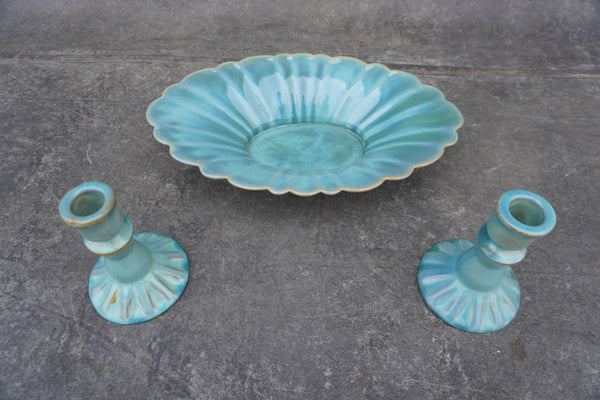 Catalina Island Pottery Set, Scalloped Bowl and Pair of Candlesticks CA2643