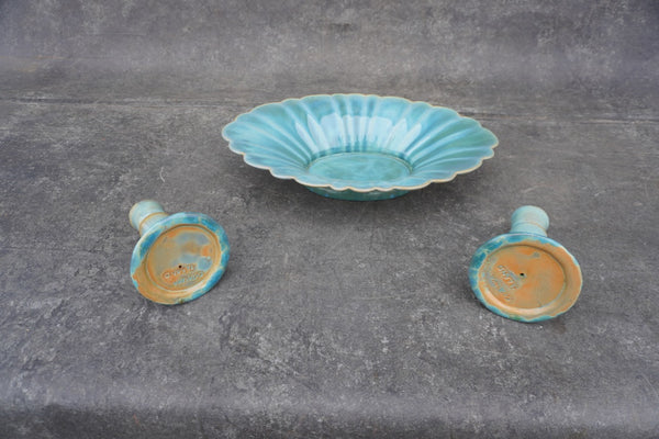 Catalina Island Pottery Set, Scalloped Bowl and Pair of Candlesticks CA2643