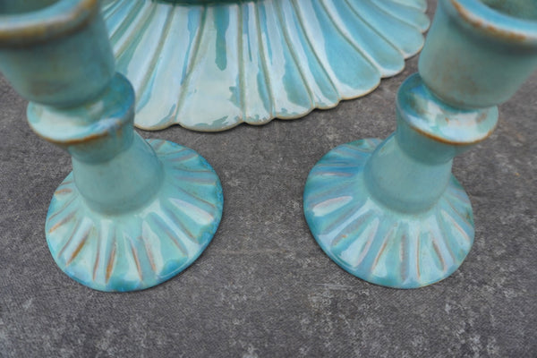Catalina Island Pottery Set, Scalloped Bowl and Pair of Candlesticks CA2643