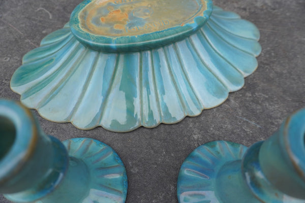 Catalina Island Pottery Set, Scalloped Bowl and Pair of Candlesticks CA2643