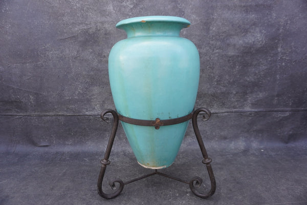 Pacific Oil Jar in Turquoise with Original Wrought Iron Stand CA2646