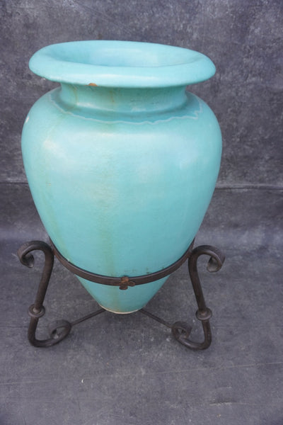 Pacific Oil Jar in Turquoise with Original Wrought Iron Stand CA2646