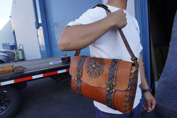 Hand tooled American Indian Style saddle bag