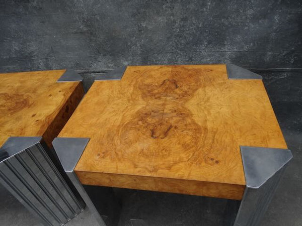 1970s Pair of Skyside End Tables in the Style of Milo Baughman With Burl Walnut Wood F2478