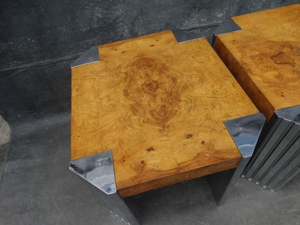 1970s Pair of Skyside End Tables in the Style of Milo Baughman With Burl Walnut Wood F2478
