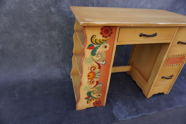Monterey Desk with Side Bookcase in Straw Ivory with Floral Decor F2419
