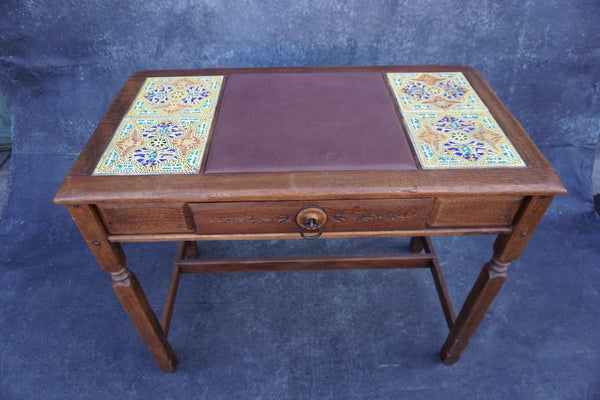 Karpen Mexican Tile & Leather Topped Writing Desk c 1930 F2517