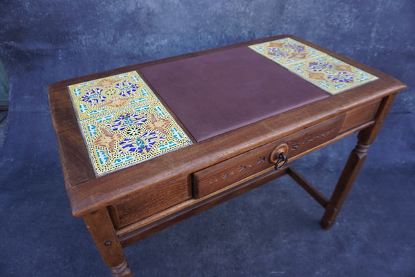 Karpen Mexican Tile & Leather Topped Writing Desk c 1930 F2517